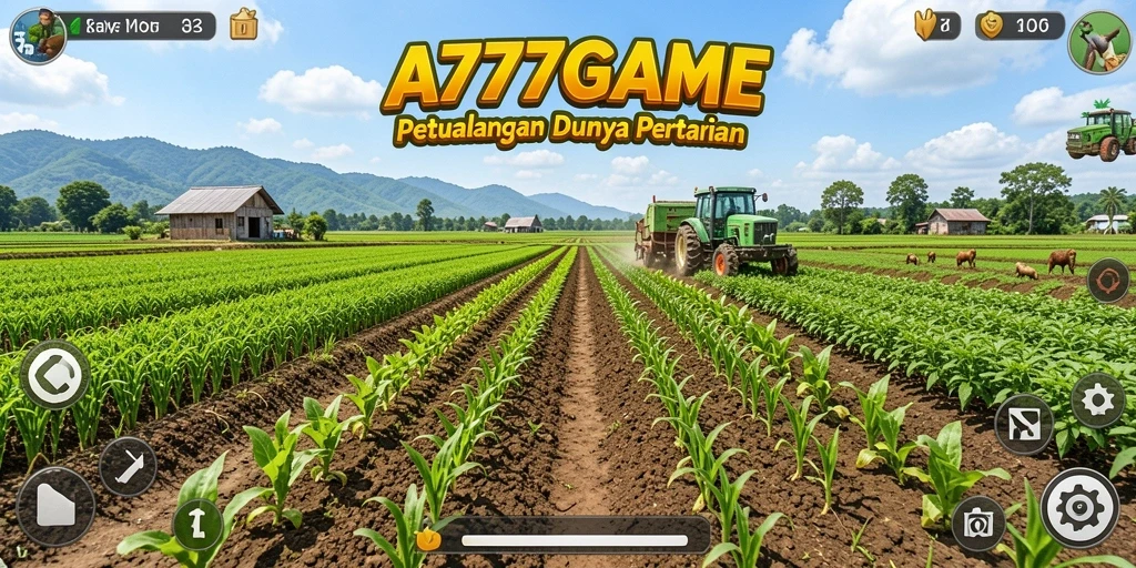 Screenshot A777GAME menampilkan pemain mengelola ladang pertanian yang indah.