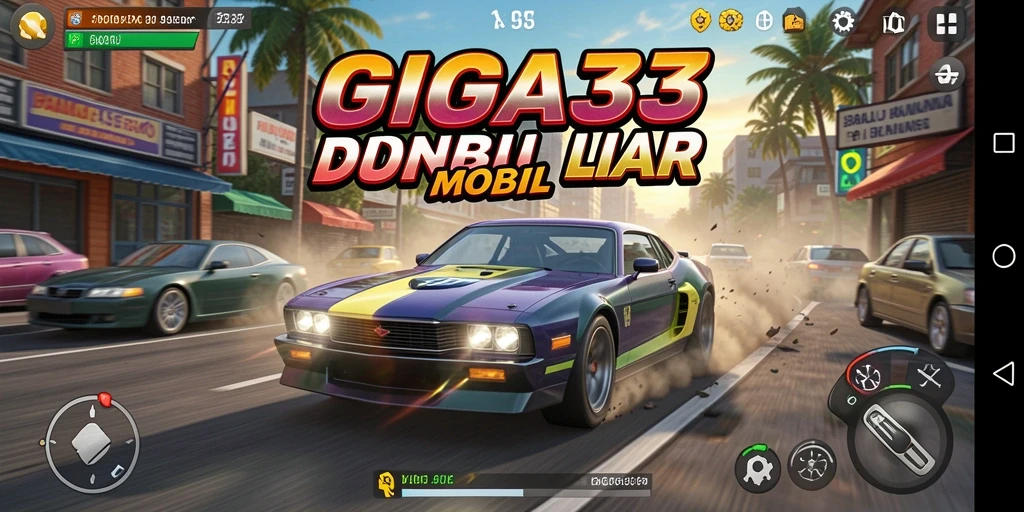 Tangkapan layar GIGA33 dengan mobil balap dalam aksi intens.