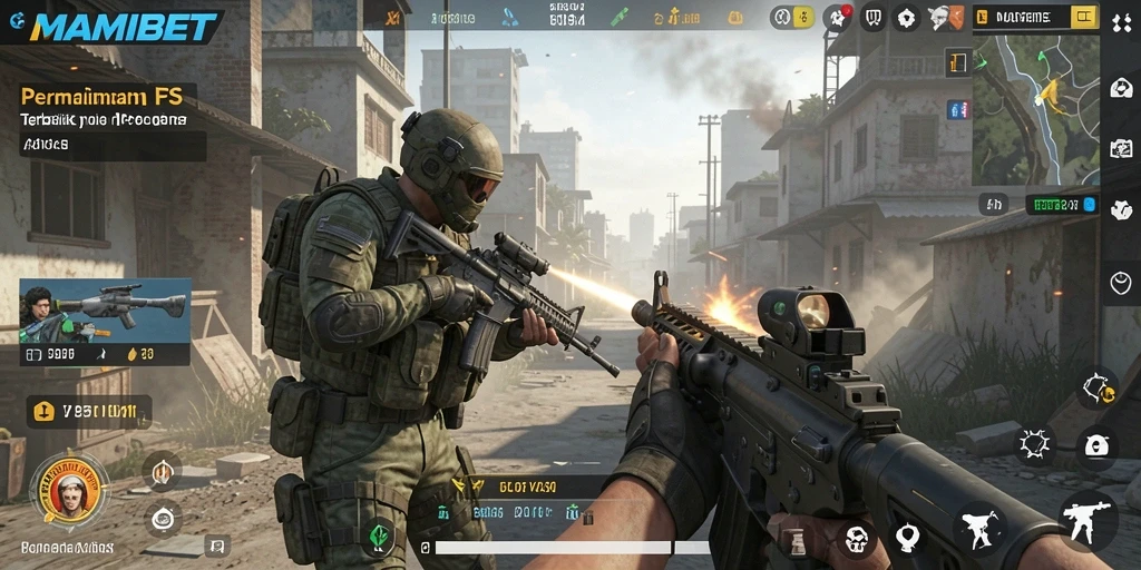 Tampilan gameplay intens MAMIBET dengan aksi menembak yang seru.