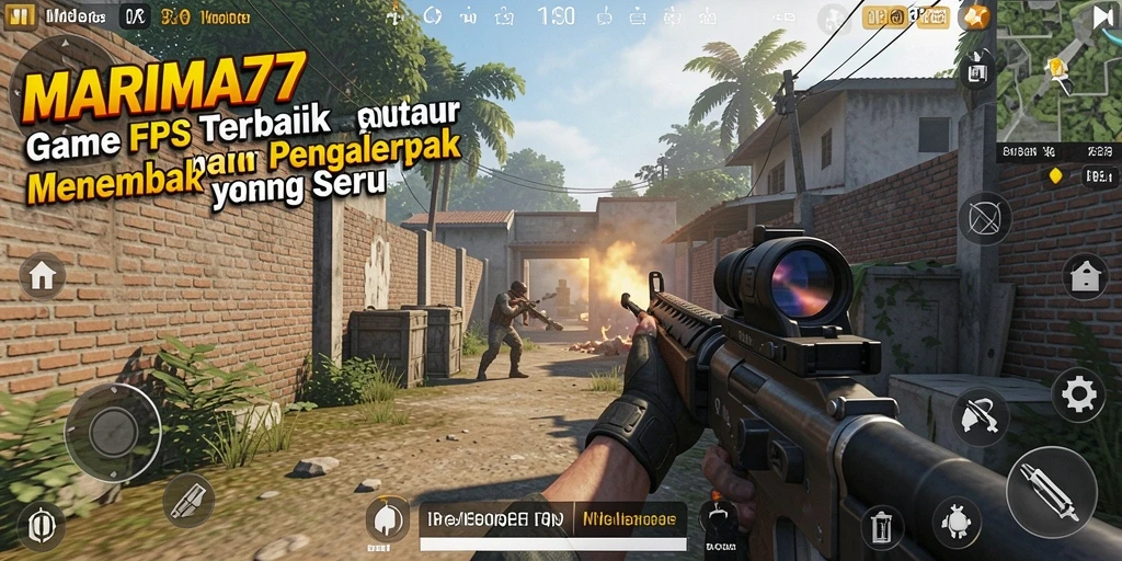 Screenshot utama menunjukkan pertempuran intens dalam game FPS.