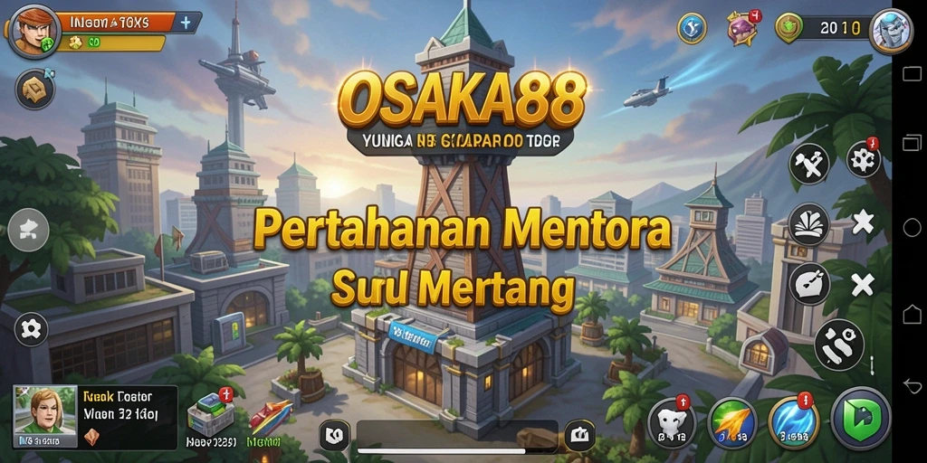 Screenshot OSAKA88 menunjukkan aksi menara mempertahankan basis dari serangan musuh.