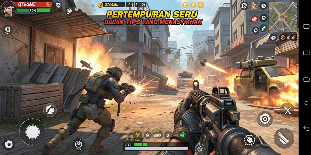 Screenshot utama QTGAME menampilkan aksi pertempuran yang mendebarkan dalam TPS.