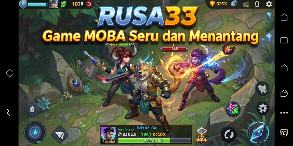 Screenshot gameplay RUSA33 yang menampilkan pertarungan seru antar tim MOBA.