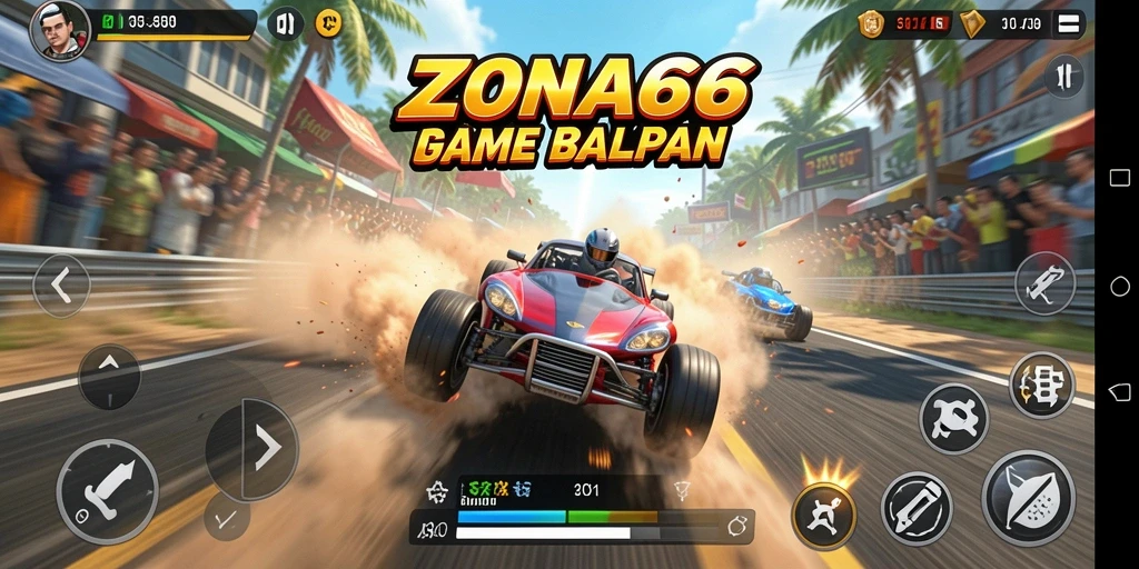 Screenshot gameplay ZONA66 yang menunjukkan aksi balapan yang mendebarkan.